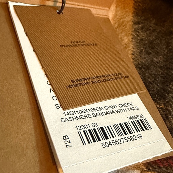 Burberry Tan and Black Check Scarf with Fur Accents. Cashmere with lambskin trim - Picture 2 of 7